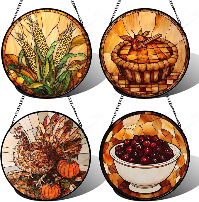AMDERVEN Stained Glass Window Hanging 4 Pcs Set Brown Turkey Berry Corn Large 11.8" - Suncatcher Door Garden Sun Catcher Decor Birthday Thanksgiving Mother's Day for Mom Woman Nana Men