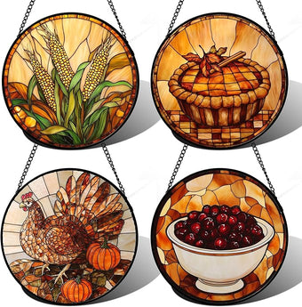 AMDERVEN Stained Glass Window Hanging 4 Pcs Set Brown Turkey Berry Corn Large 15" - Suncatcher Door Garden Sun Catcher Decor Birthday Thanksgiving Mother's Day for Mom Woman Nana Men