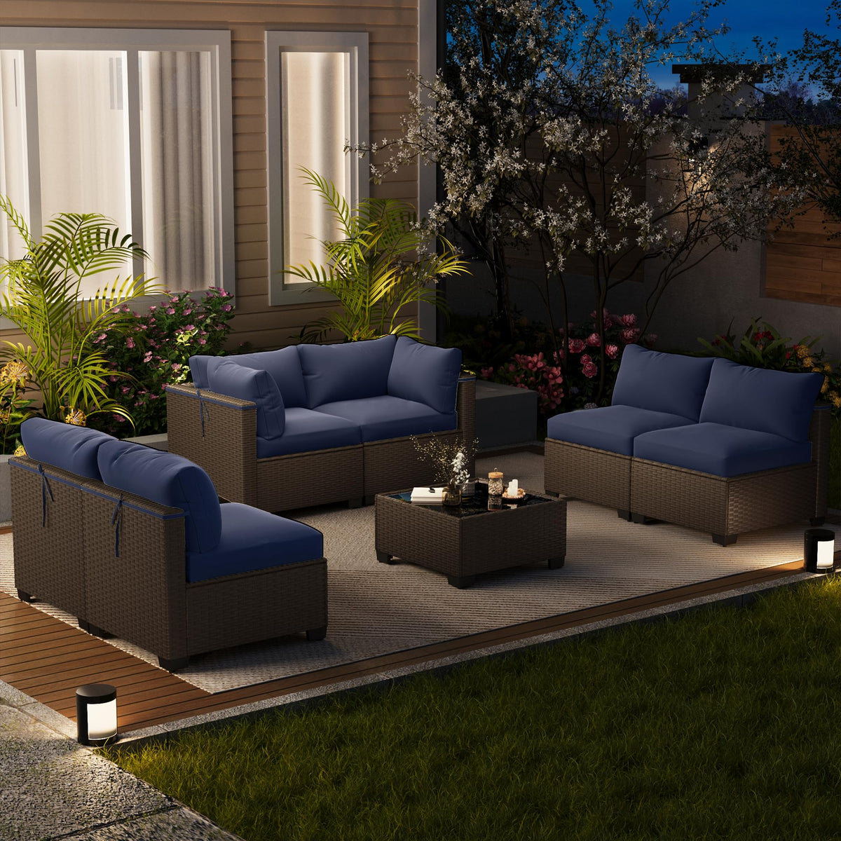 LOUVIXA 7 Piece Outdoor Patio Furniture Set, Outdoor Sectional Sofa, Wicker Rattan Patio Furniture, Patio Conversation Set with Coffee Table & Cushions