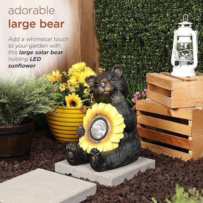 Alpine Corporation 16" H Outdoor Solar Powered Bear Statues with Sunflower LED Light, Brown/Yellow