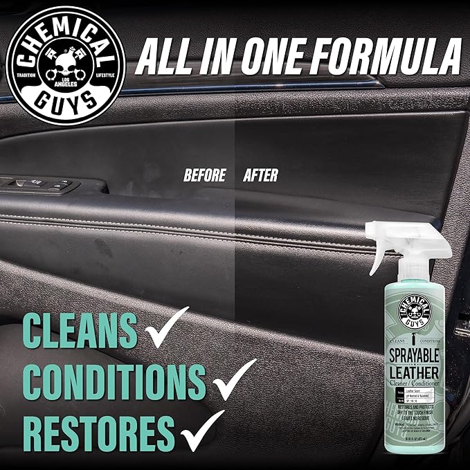 Chemical Guys Sprayable Leather Cleaner and Conditioner in One - Cleans, Conditions, and Protects Leather, Vinyl, Faux & More, Safe for Cars, Furniture & Apparel - 16 oz