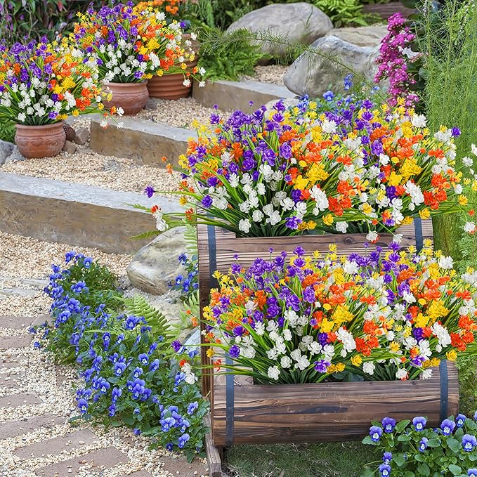 AmyHomie 20 Bundles Artificial Flowers for Outdoor Outside Spring Summer Decoration UV Resistant Faux Flowers No Fade Fake Plastic Plants Garden Porch Window Box Decorating