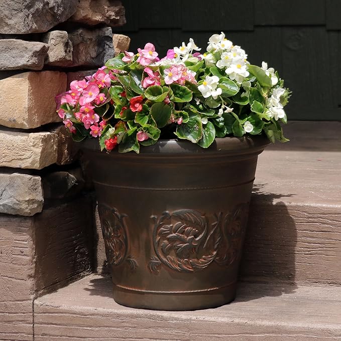 Sunnydaze 16-Inch Arabella Large Plant Pot - Polyresin Insulated Round Outdoor Planter with Drillable Drainage Holes - Rust