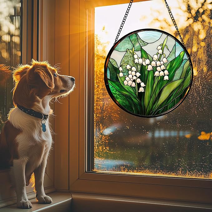 JOSUMALY Stained Glass Window Hanging - White Green Lily of The Valley Suncatcher for Doors Garden Terrace Plant Sun Catchers Decor Mother's Day Birthday Flowers Gifts for Women Men Mom 6.3 in