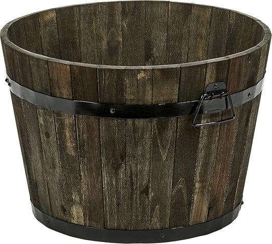 Worth Imports Wood Barrel Planter with Brown Oil, 18", 18", 13"