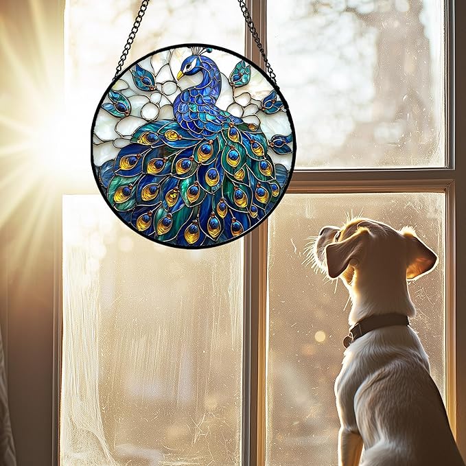 AMDERVEN Stained Glass Window Hanging - Peacock Blue Gold Feathers Sun Catcher for Door Garden Home Decor Bird Suncatcher Christmas Mother's Day Birthday Gifts for Women Men Mom Nana 11.8 in