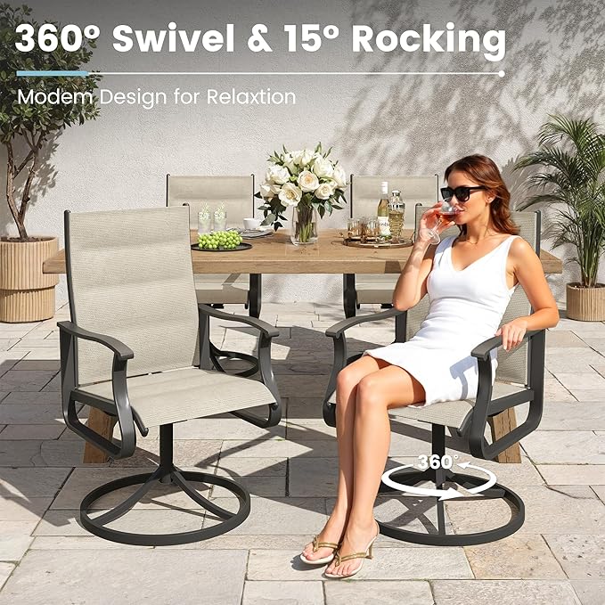 Patio Swivel Chairs Set of 6, Outdoor Dining Chairs with High Back, 360° Swivel Rocker Chair in All-Weather Padded Textilene & Metal Frame for Garden, Porch, Backyard, Balcony(Padded Beige)