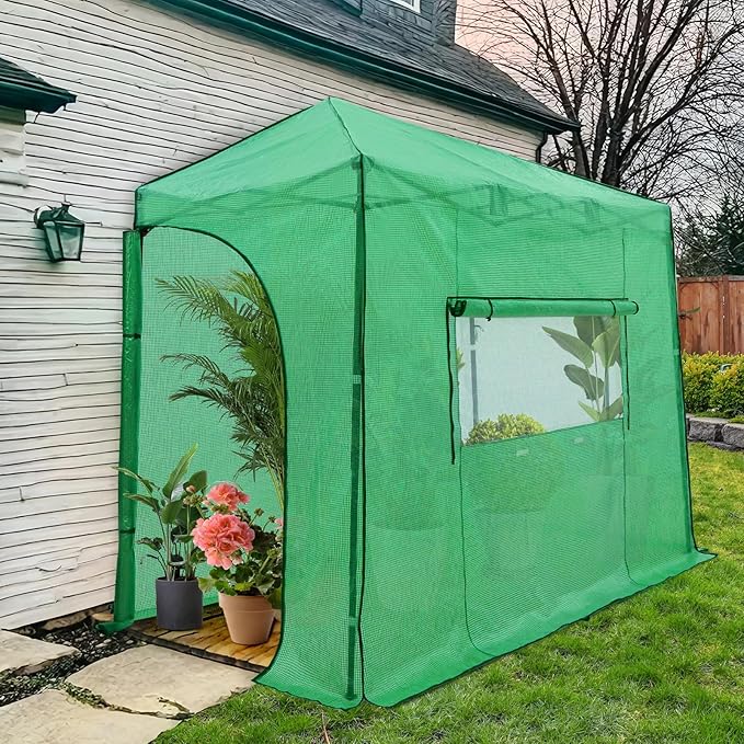 EAGLE PEAK Instant Pop-up Greenhouse, Indoor Outdoor Plant Gardening Green House, Roll-Up Zipper Doors and Side Windows, Lean-to 10x5 ft, PE Cover, Green/Clear