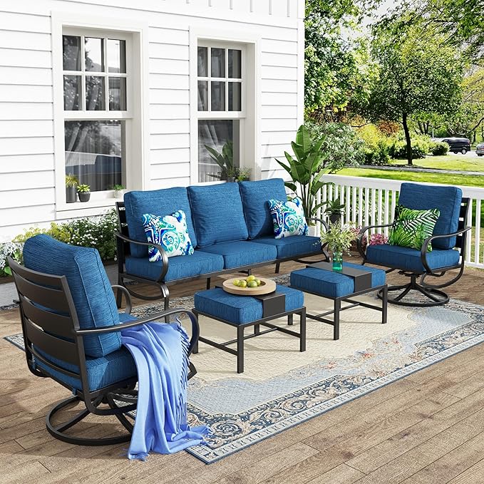 MFSTUDIO 5 Pieces Patio Conversation Sets,Outdoor Metal Furniture Sofas with 1 x 3-Seat Sofa, 2 x Swivel Chairs,2 x Ottoman,Wrought Iron Frame with Peacock Blue Cushion for Patio Courtyard Balcony