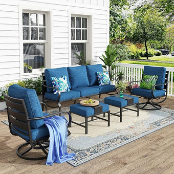 MFSTUDIO 5 Pieces Patio Conversation Sets,Outdoor Metal Furniture Sofas with 1 x 3-Seat Sofa, 2 x Swivel Chairs,2 x Ottoman,Wrought Iron Frame with Peacock Blue Cushion for Patio Courtyard Balcony