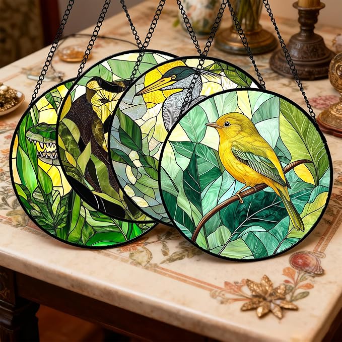 DASTOLL Stained Glass Window Hanging 4 Pcs Set Green Plants Animals Theme 6.3" - Bird Tiger Suncatcher Door Garden Sun Catcher Decor Birthday for Mom Woman Nana Men Friend