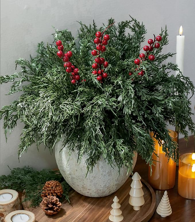 Cedar Stems Artificial Norfolk Pine Branches for Christmas Decor, 12 PCS Fake Pine Stems with 3 PCS Red Berries Branches Realistic Fake Plants Faux Greenery for Vases DIY Garland Xmas Table Indoor