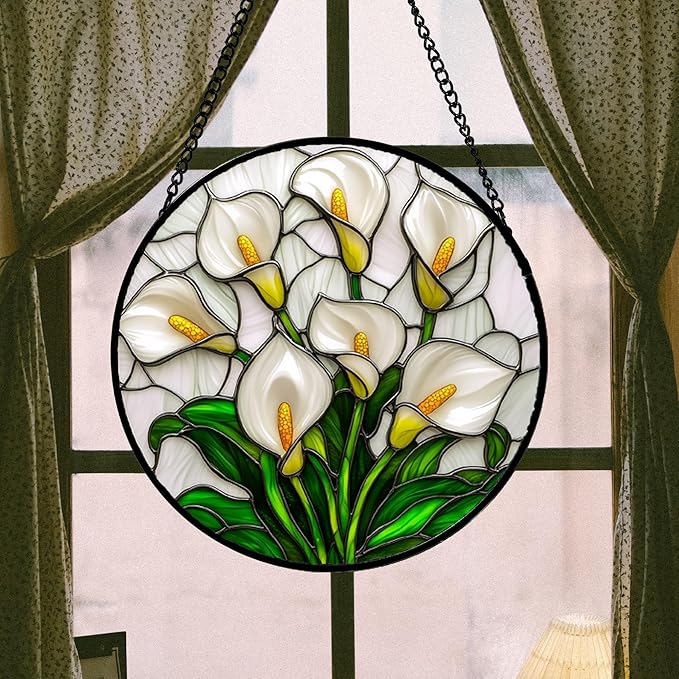 Stained Glass Window Hanging, White Calla Lily Suncatcher Diamond Glass Panel Hangings Flowers Sun Catchers Decor for Birthday for Women, Men, Wife, Aunt, and Mom 14.9x14.9 in