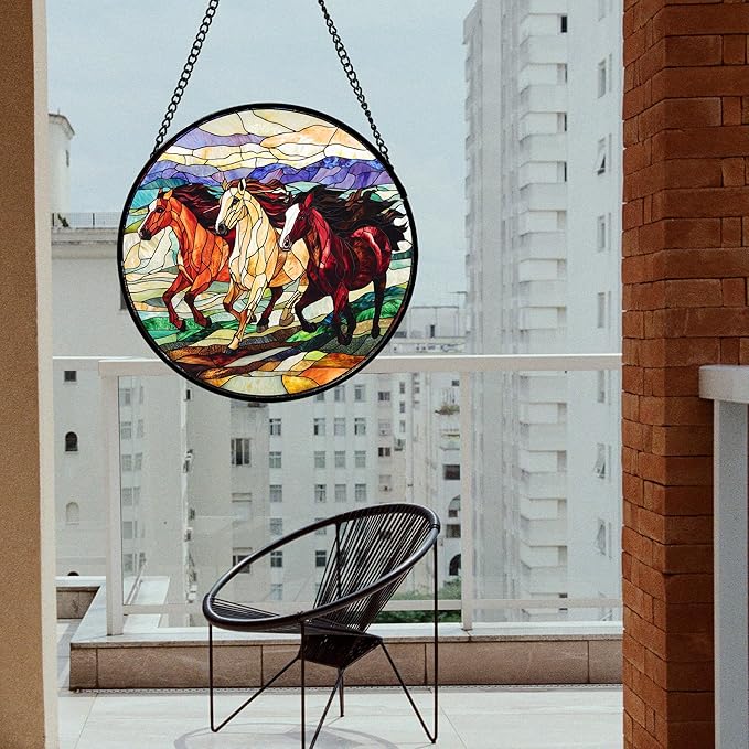 AMDERVEN Stained Glass Window Hanging, Galloping Horses Sun Catcher for Door Home Decor Colorful Suncatcher Christmas Mother's Day Birthday Gifts for Women Men Mom and Nana 11.8 in