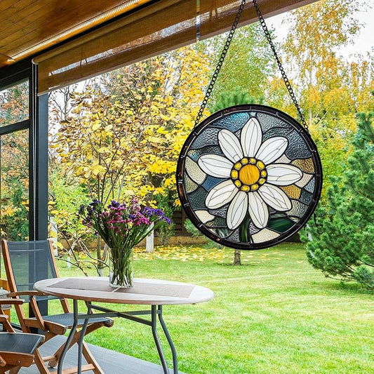 HWRHTR Stained Glass Window Hanging - Yellow White Daisy Birth Flower Suncatcher for Door Garden Yard Sun Catchers Decor Christmas Mother's Day Birthday Gifts for Teacher Women Mom Nana 7.8 in