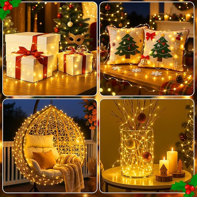 4 Pack 16FT 50 LED Fairy Lights Battery Operated with Timer, 8 Modes USB Mini Twinkle Light, Small String Lights for Christmas Tree Wreath Vase Bedroom DIY Wedding Decorations-Warm White