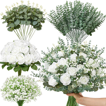Serwalin 120 Pcs Mixed Eucalyptus Greenery Stems, White Roses, Babys Breath