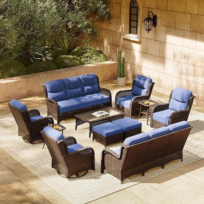 HILLGA Luxury Patio Furniture Set with 6-inch Thick Cushion, Outdoor Couch and High Back Swivel Rocker Patio Chairs, 11PCS Wicker Conversation Set for Deck Yard and Poolside, Blue (V2)