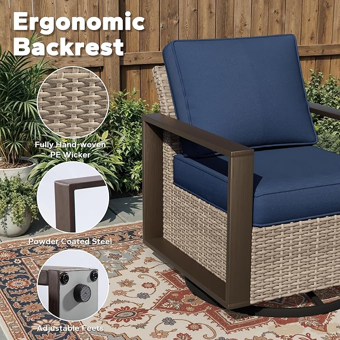 Outdoor Patio Swivel Rocker Chairs, 7 Pieces Wicker Furniture Set, 2 Swivel Rocking Chairs, 2 Sofa 2 Ottoman and 1 Table, Wide Armrest, Thick Cushions and Deep Seating for Garden, Backyard, Porch