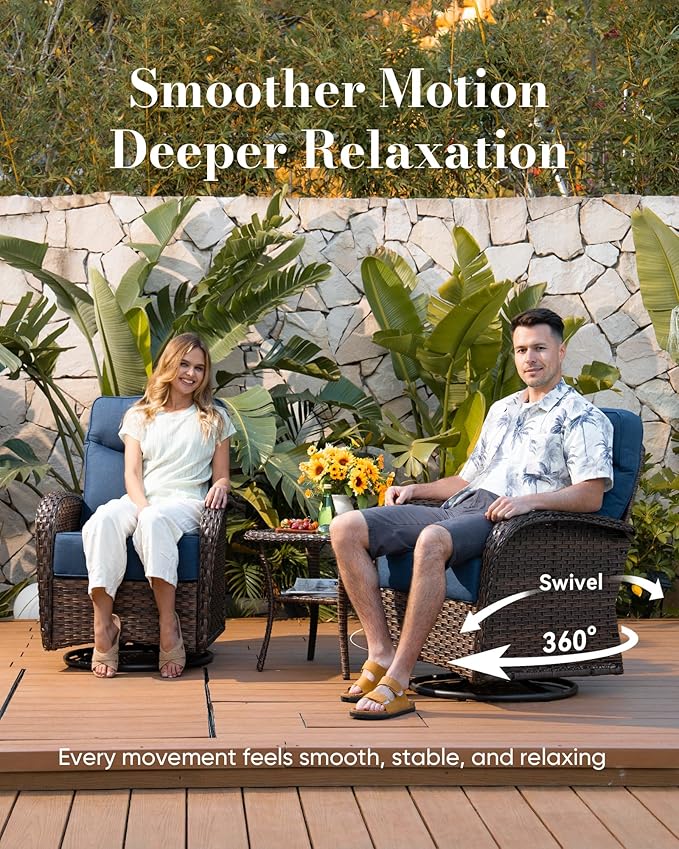 Belord Upgraded 6“ Cushion Luxury 3 Pieces Patio Furniture Set - All Weather Wicker Outdoor Swivel Rocker Patio Chairs of 2 with Side Table, High Back Glider Chairs Set for Deck Porch - Brown/Blue