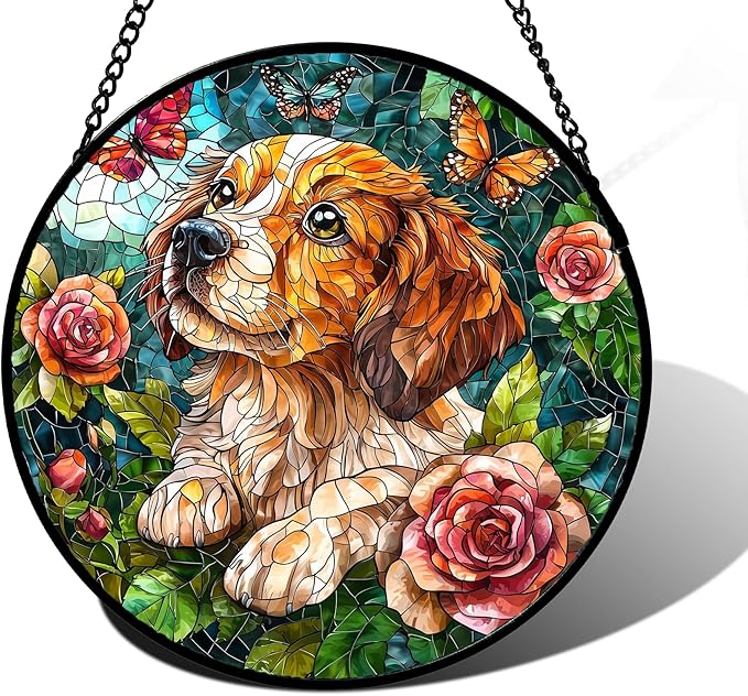 Stained Glass Window Hanging, Dog and Rose Suncatcher for Doors Home Butterfly Sun Catchers Decoration and Christmas, Mother's Day Birthday Gifts for Women, Men, and Mom 9.8 in