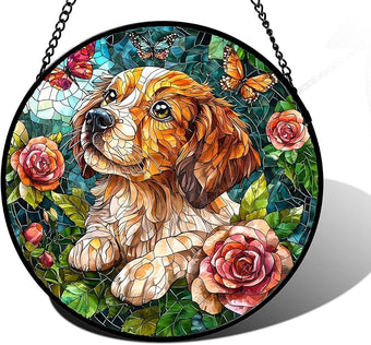 Stained Glass Window Hanging, Dog and Rose Suncatcher for Doors Home Butterfly Sun Catchers Decoration and Christmas, Mother's Day Birthday Gifts for Women, Men, and Mom 9.8 in