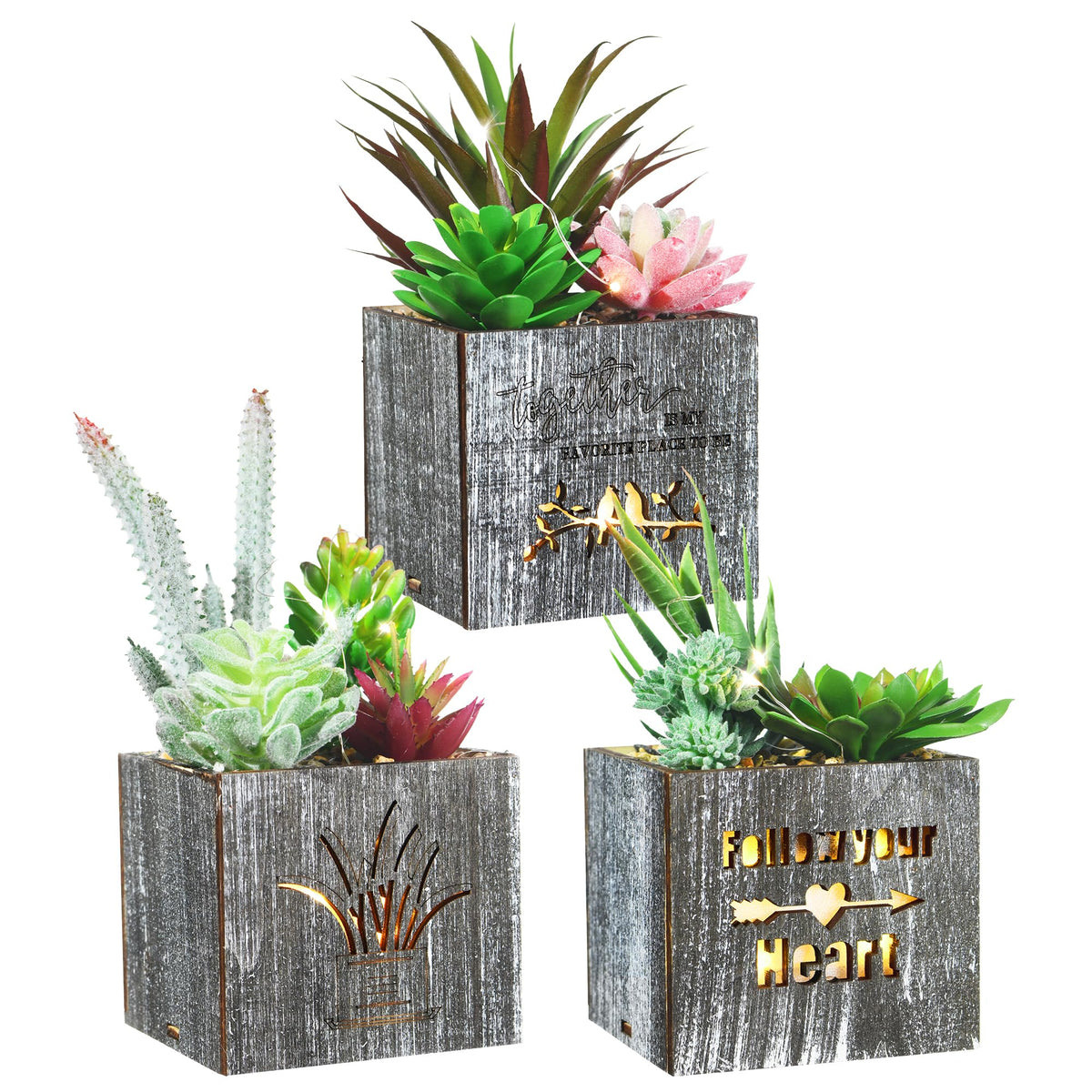Kinkota Fake Plants Succulent Plants Artificial in Pots with LED Lights