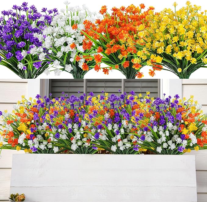 AmyHomie 20 Bundles Artificial Flowers for Outdoor Outside Spring Summer Decoration UV Resistant Faux Flowers No Fade Fake Plastic Plants Garden Porch Window Box Decorating
