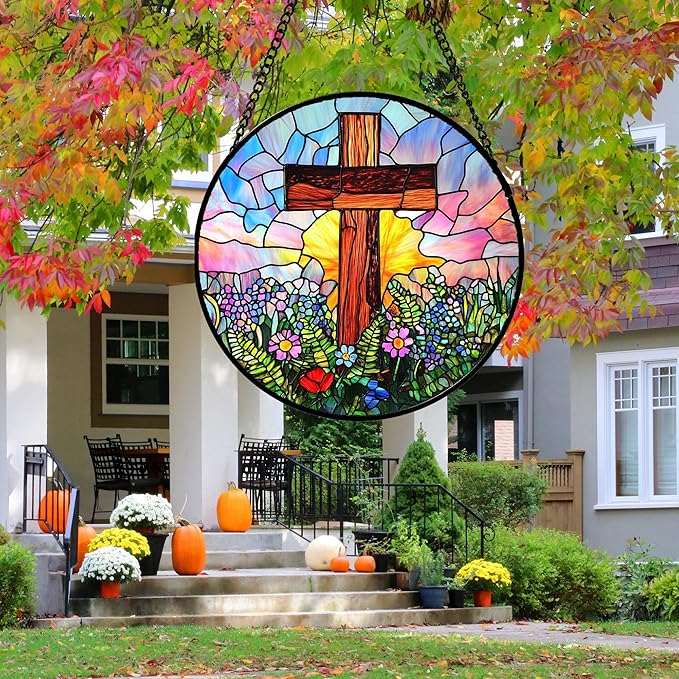 JOSUMALY Christian Gifts for Women - Cross Stained Glass Window Hanging Jesus Easter Colorful Wildflowers Sun Catcher Garden Religion Decor Mother's Day Catholic Gift for Men Grandma Mom Her 9.8"