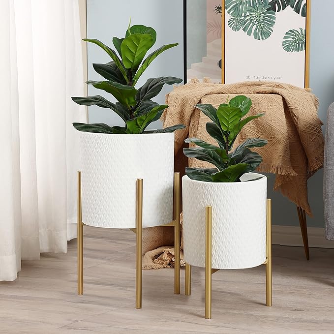 LuxenHome Planters for Indoor Plants, Set of 2 Indoor Plant Pots, White Planter with Gold Metal Stand, Luxury Flower Pots for Plants, Large Floor Plant Pot, NOT Waterproof
