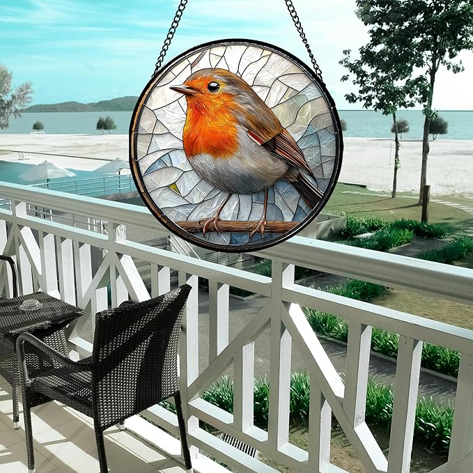AMDERVEN Stained Glass Window Hanging - Orange Grey Robin Sun Catcher for Door Garden Home Decor Bird Lovers Suncatcher Christmas Mother's Day Birthday Gifts for Women Men Mom Nana 9.8 in