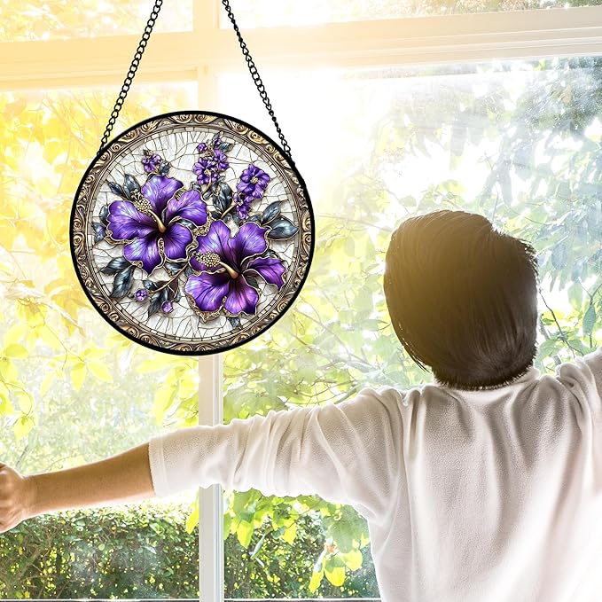Stained Glass Window Hanging, Purple Flowers Romantic Suncatcher for Doors Home Sun Catchers Decoration and Christmas, Mother's Day Birthday Gifts for Women, Men, and Mom 9.8 in