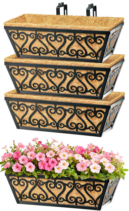 EINYEXW 4 Pack 16 Inch Deck Railing Planter Box - Window Boxes Planters with Adjustable Brackets Coco Liners Balcony Planters Railing Hanging for Window Flower Boxes Outdoor Garden Decor