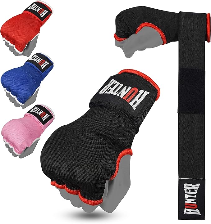 HUNTER Gel Padded Inner Gloves with Hand Wraps for Boxing, Quick Elastic Training Wraps for Men & Women, Muay Thai MMA Kickboxing Martial Arts Knuckle Wrist Protector (Pair)