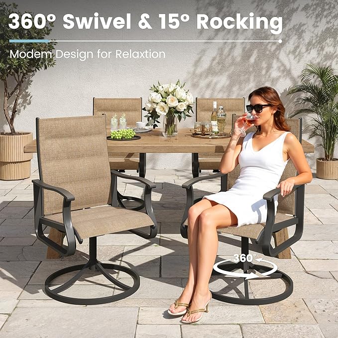 Patio Swivel Chairs Set of 6, Outdoor Dining Chairs with High Back, 360° Swivel Rocker Chair in All-Weather Padded Textilene & Metal Frame for Garden, Porch, Backyard, Balcony(Padded Brown)