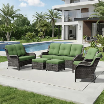 Joyside 6 Piece Wicker Patio Furniture Set, Rattan Patio Chairs with High Back, Deep Seating, Wide Armrest, Thickened Cushions, Outdoor Furniture for Deck, Porch Use