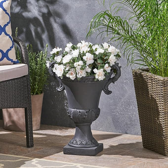 Merax 19.25'' Tall Elegant Roman Style Lightweight Concrete Planter with Botanical Accents, Square Indoor Outdoor Flower Pot with Drainage Hole & Stopper, Black
