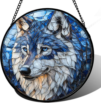 Stained Glass Window Hanging - Funny Wolf Suncatcher Ready to Hang Window Doors Home Decoration and Christmas, Mother's Day Birthday Gifts for Women, Men, and Mom 14.9x14.9 in