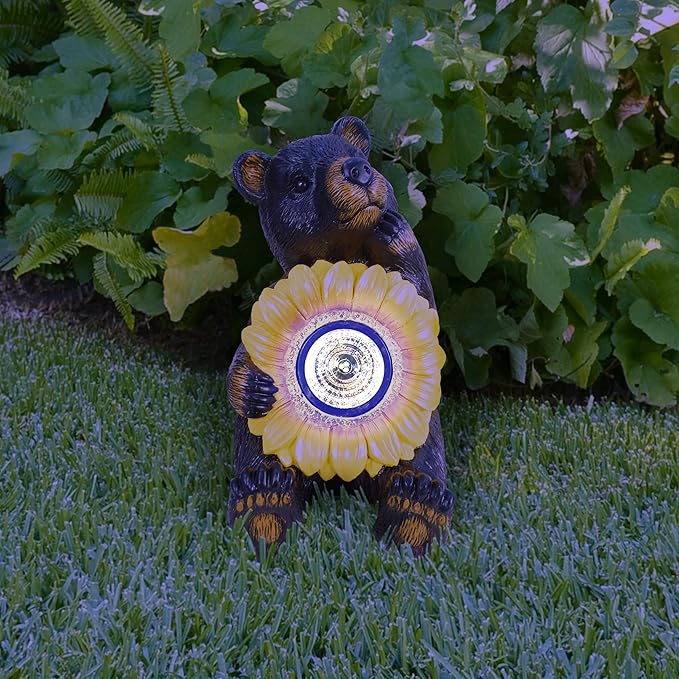 Alpine Corporation 16" H Outdoor Solar Powered Bear Statues with Sunflower LED Light, Brown/Yellow