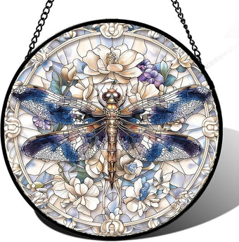 Stained Glass Window Hanging, Dragonfly Flower Suncatcher for Doors Home Sun Catchers Decoration and Christmas, Mother's Day Birthday Gifts for Women, Men, and Mom 14.9x14.9 in