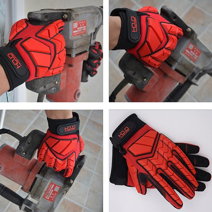 HANDLANDY Anti Vibration Gloves, SBR Padding, TPR Protector, Mechanic Work Gloves (Large, Black)
