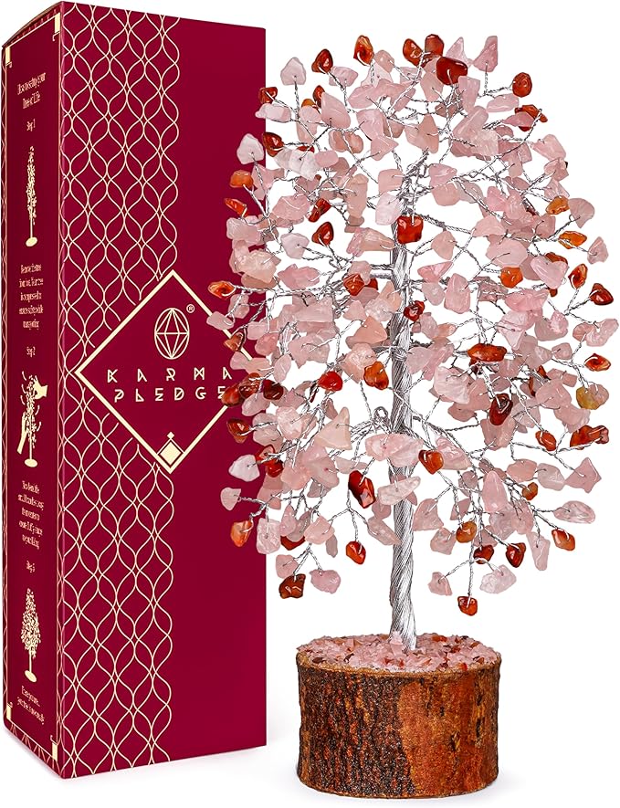 Healing Crystals Chakra Tree of Life for Positive Energy & Protection & Good Luck, Money, Feng Shui Decor for Home and Office Desk Decoration, Spiritual Gifts (Rose, Carnelian Dual Beads)