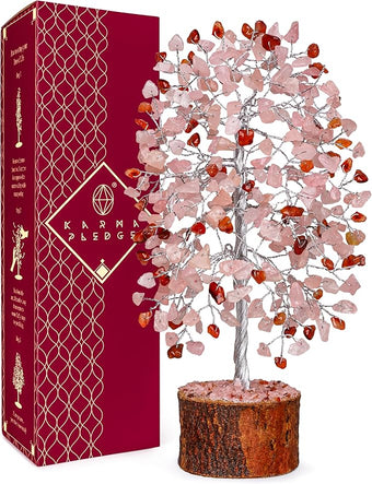 Healing Crystals Chakra Tree of Life for Positive Energy & Protection & Good Luck, Money, Feng Shui Decor for Home and Office Desk Decoration, Spiritual Gifts (Rose, Carnelian Dual Beads)
