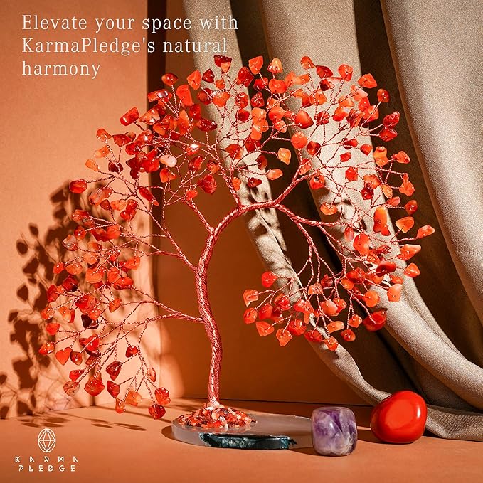Carnelian Healing Crystal Tree of Life for Home and Office Decor, Positive Energy, Wealth, Good Luck, Reiki Healing Crystals and Stones, Handmade Feng Shui Decoration, Birthday Gifts for Women, Mom