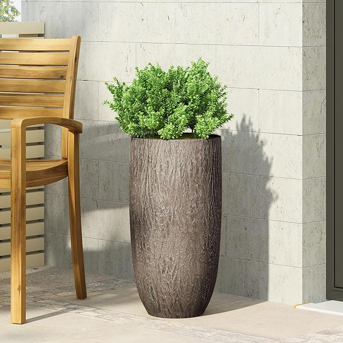 Christopher Knight Home Jorine Lightweight Concrete Planter, Cast Stone Plant Pot, Large Garden Urn, Patio Texture Finish Flower Pot for Balcony Backyard Poolside, No Assembly Needed, 27" H Brown