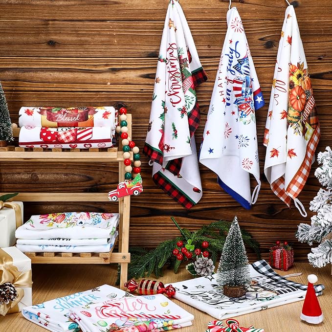 FuWeave 12 Pcs Seasonal Kitchen Towels Set for All Holidays Hand Dish Tea Towels Gift Bulk Valentine's Day Absorbent Dishcloths Housewarming Gift for Cooking Kitchen Bathroom(Flower Style)