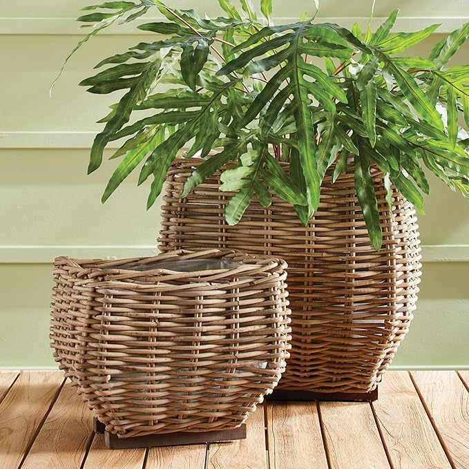 MY SWANKY HOME Elegant Curved Square Natural Rattan Planters with Liners Floor Baskets