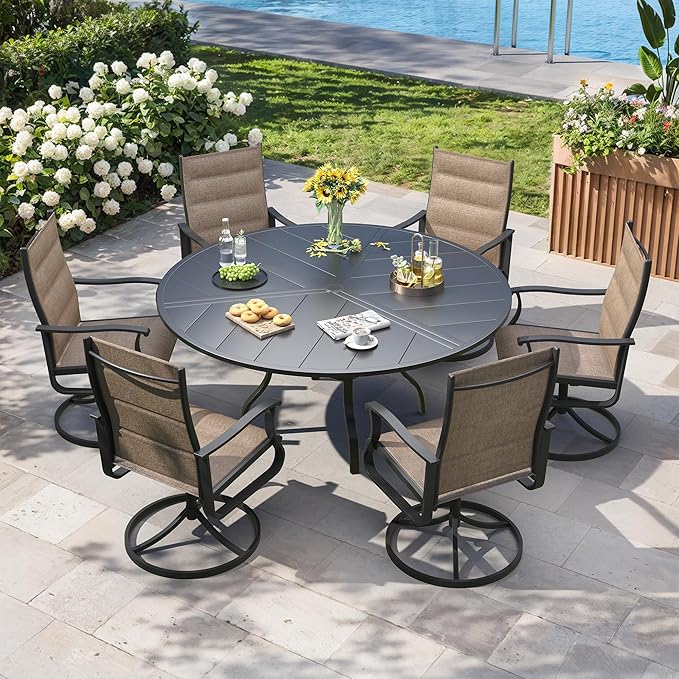 Patio Swivel Chairs Set of 6, Outdoor Dining Chairs with High Back, 360° Swivel Rocker Chair in All-Weather Padded Textilene & Metal Frame for Garden, Porch, Backyard, Balcony(Padded Brown)
