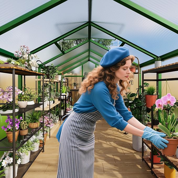 8X10 FT Greenhouse for Outdoors, Large Walk-in Polycarbonate Greenhouse Kit, Aluminum Frame, Lockable Door, Roof Vent, Ground Spikes, for Garden, Patio, Backyard, Outdoor Plant Growth