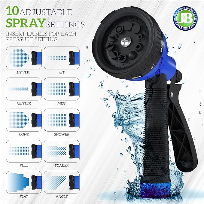 J&B XpandaHose 75ft Expandable Garden Hose with Holder - Heavy Duty Superior Strength 3750D - 4 -Layer Latex Core - Extra Strong Brass Connectors and 10 Spray Nozzle w/Storage Bag (Blue 75)